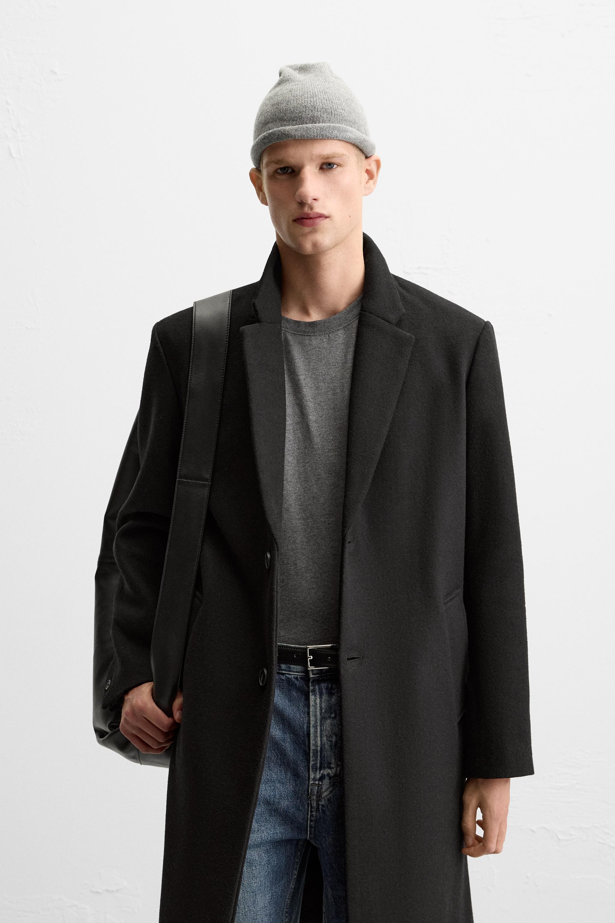 Zara Double Breasted Wool Blend high quality Long Black Plaid Menswear Coat