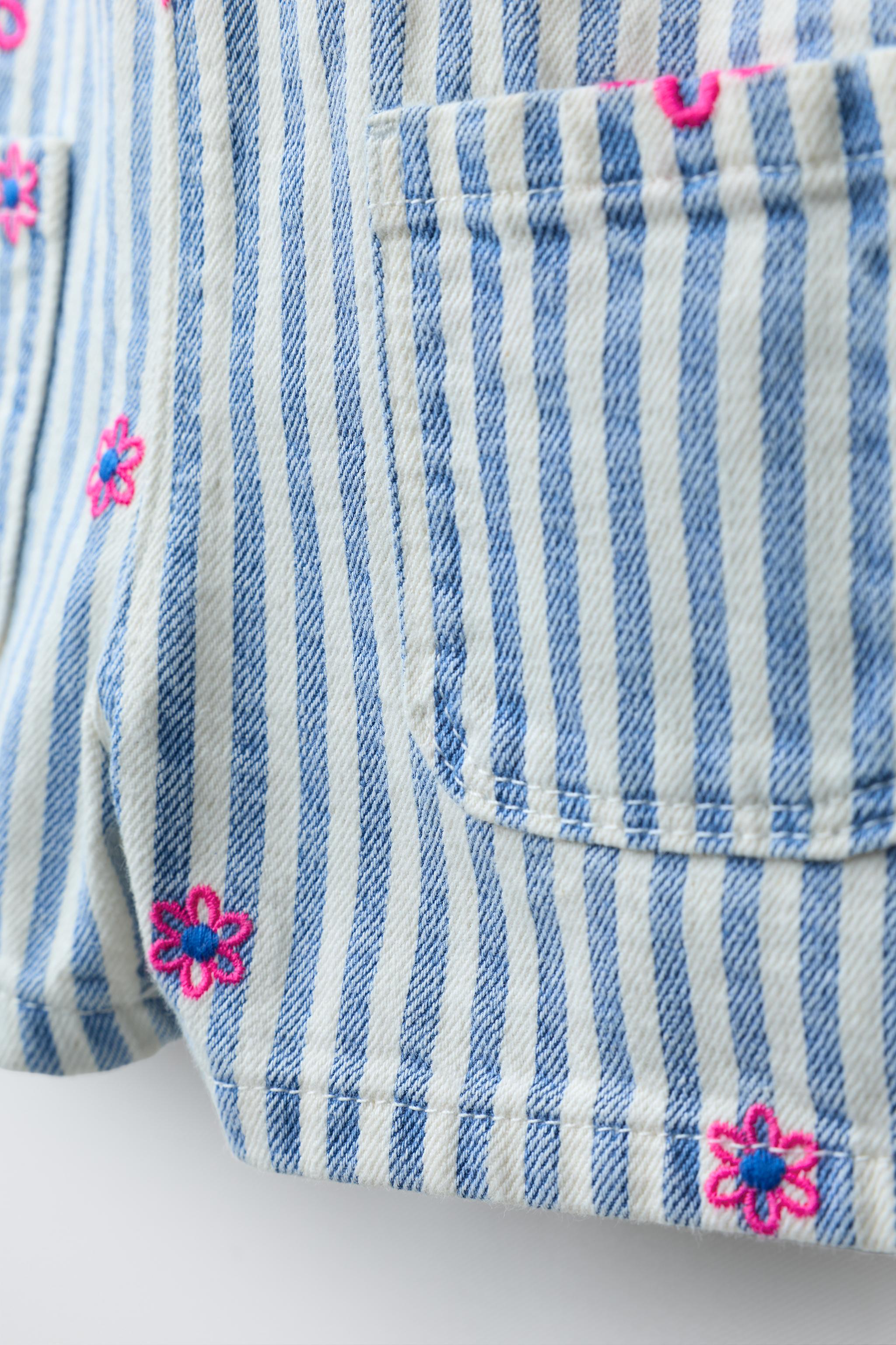 STRIPED TWILL OVERALLS WITH EMBROIDERED FLOWERS