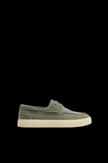CASUAL LEATHER DECK SHOES - Khaki Green by Zara - Image 0