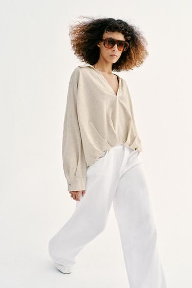 Zara LINEN BLEND SHIRT WITH PUFF HEM - Light beige