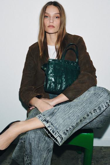 Zara EMBOSSED LEATHER CITY BAG - Green