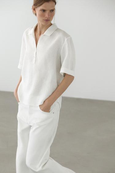 Zara Short sleeve linen polo shirt - White