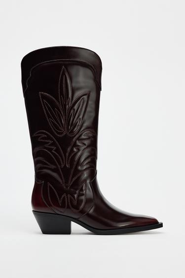 EMBROIDERED COWBOY BOOTS - Burgundy Red by Zara