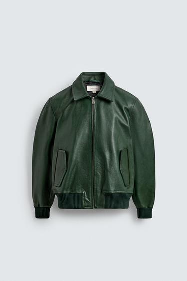 CHAMARRA BOMBER PIEL - Verde medio de Zara