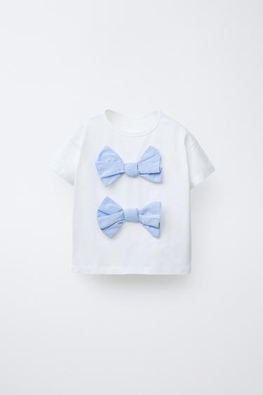Zara POPLIN BOW APPLIQUÉ T-SHIRT - Light blue