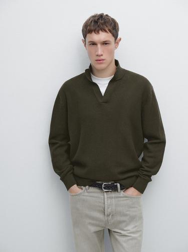 Zara Mock neck knit sweater with V-neck - KHAKI