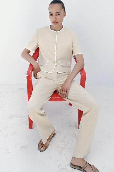 STRAIGHT-LEG LINEN BLEND TROUSERS WITH CONTRAST WAIST - Light beige by Zara - Image 2