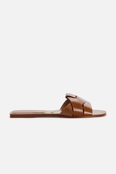 FLAT CRISS-CROSS LEATHER SLIDER SANDALS - Brown by Zara