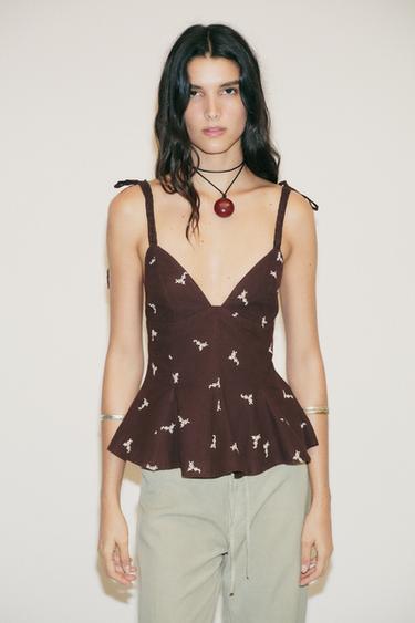 PEPLUM EMBROIDERED TOP - Brown by Zara