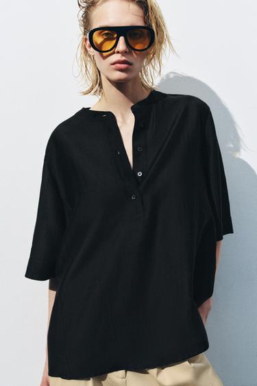 ZW COLLECTION FLOWING SHORT SLEEVE BLOUSE - Black by Zara