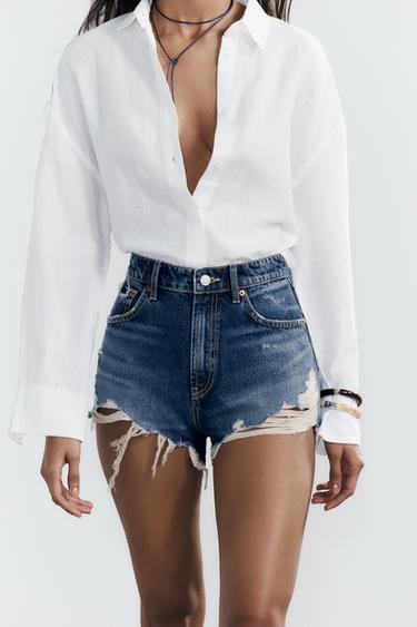 Zara CURVED HIGH-WAISTED DENIM SHORTS - Navy blue