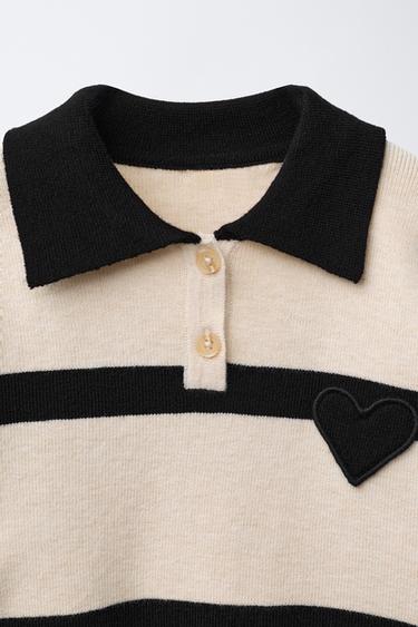 STRIPED KNITTED POLO SHIRT WITH HEART DETAIL - Ecru / Black by Zara - Image 2