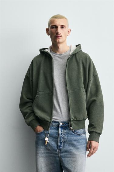 SWEAT BIMATIÈRE À CAPUCHE ET CARREAUX - Kaki de Zara