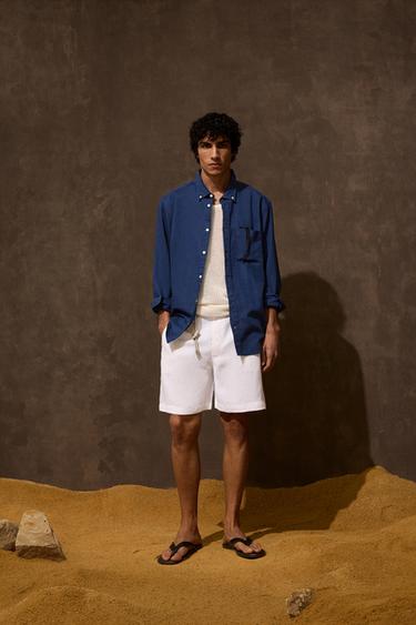 قميص كتان - قطن - أزرق فاقع by Zara