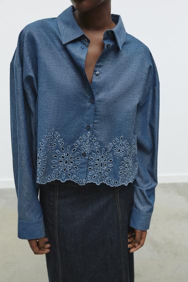 カットワーク エンブロイダリー クロップド シャツブルーZaraのカットワーク エンブロイダリー クロップド シャツ - ブルー 