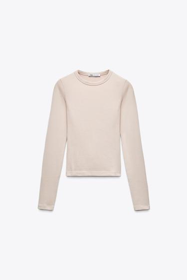 COTTON MODAL LONG SLEEVE T-SHIRT - Ecru by Zara - Image 4