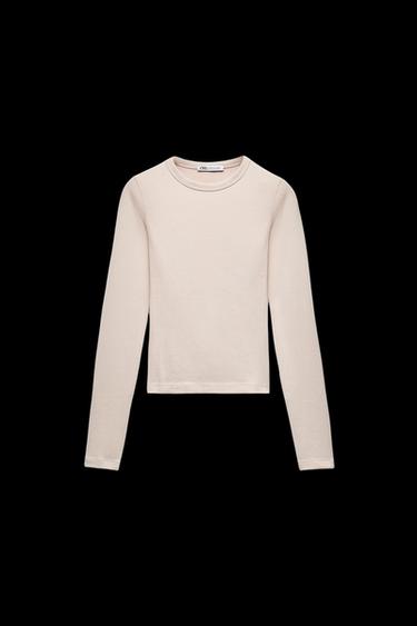 T-SHIRT AUS BAUMWOLLE/MODAL MIT LANGEN ÄRMELN - Cremefarben von Zara