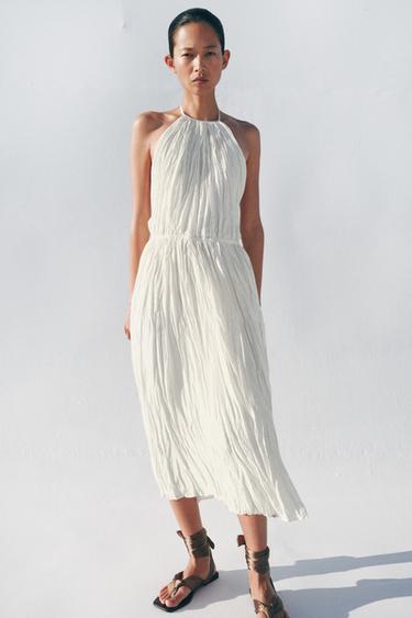 Zara ZW COLLECTION PLEATED HALTER DRESS - Vanilla