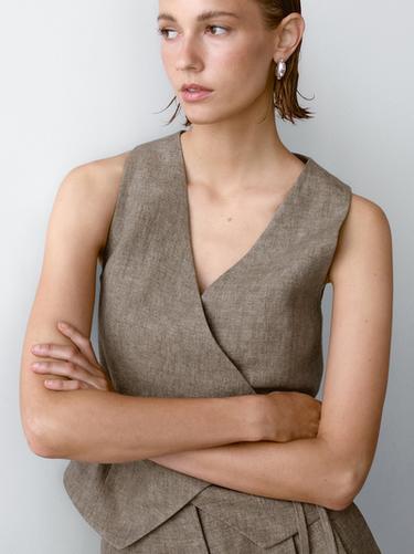 Zara 100% linen short double-breasted waistcoat - Beige