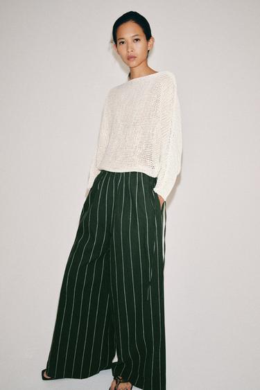 Zara ZW COLLECTION STRIPED LINEN PANTS - Green