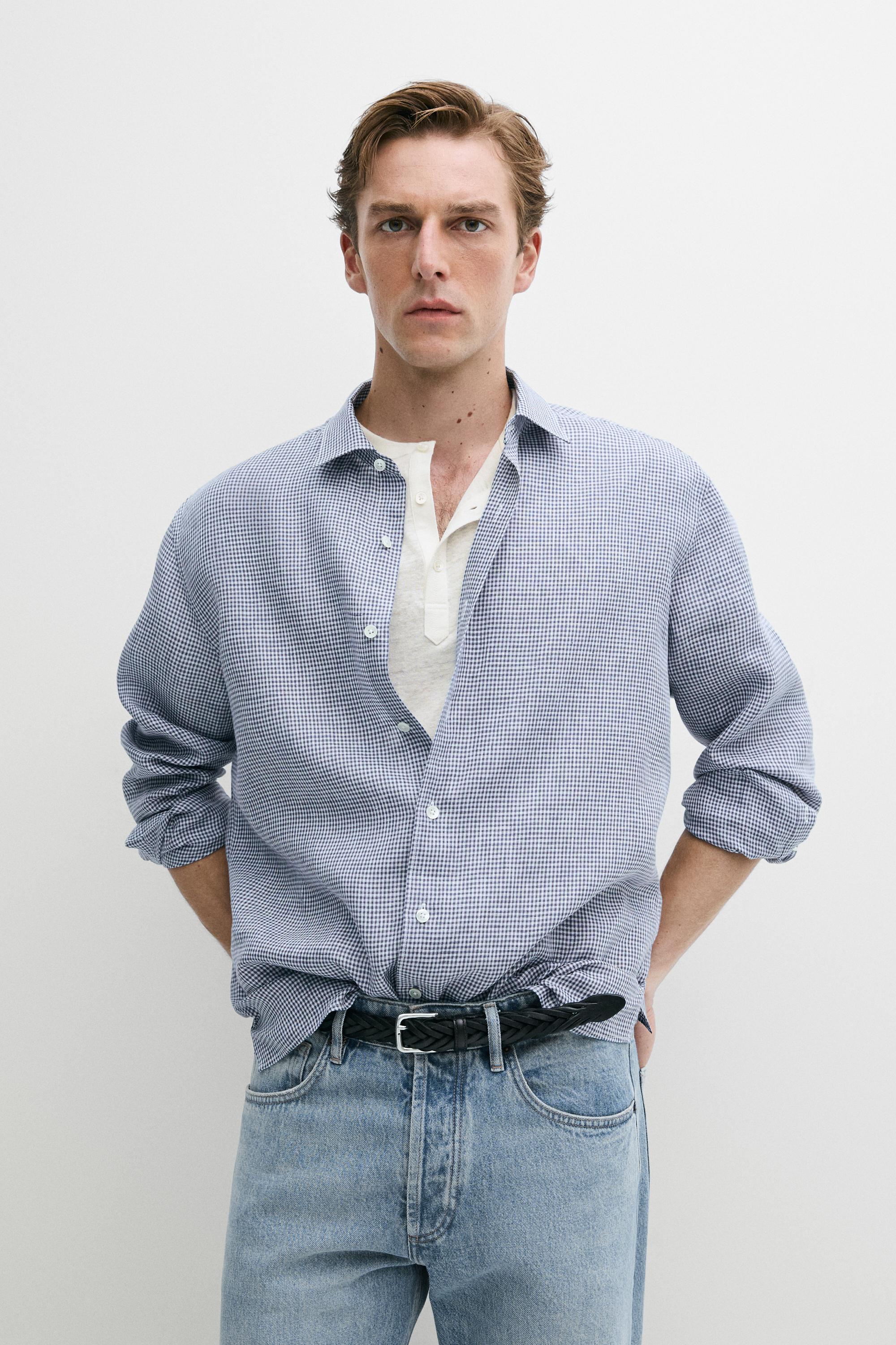 100% linen regular fit gingham shirt