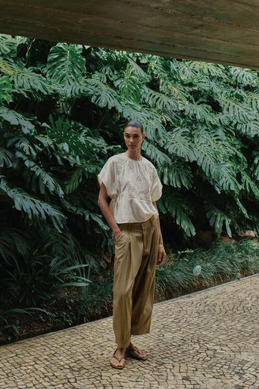 Zara 側邊綁帶刺繡上衣 - 裸色 - 圖片 0