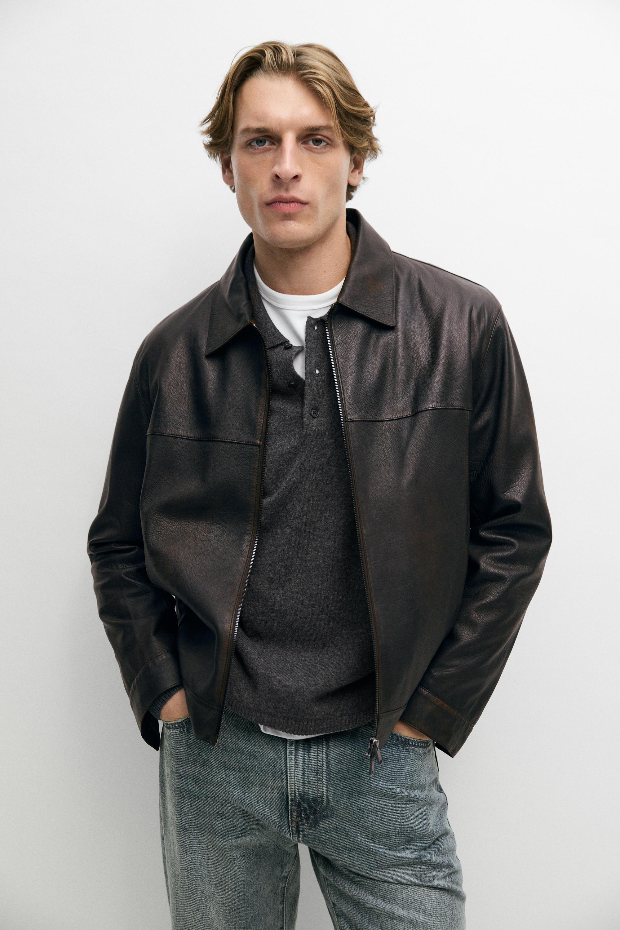 Blouson à col en cuir nappa