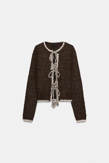 CASACO DE TRICÔ COM LAÇOS - Marrom da Zara - Imagem 0