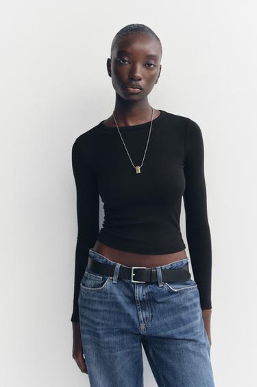 Zara LONG SLEEVE COTTON MODAL T-SHIRT - Black - Image 0