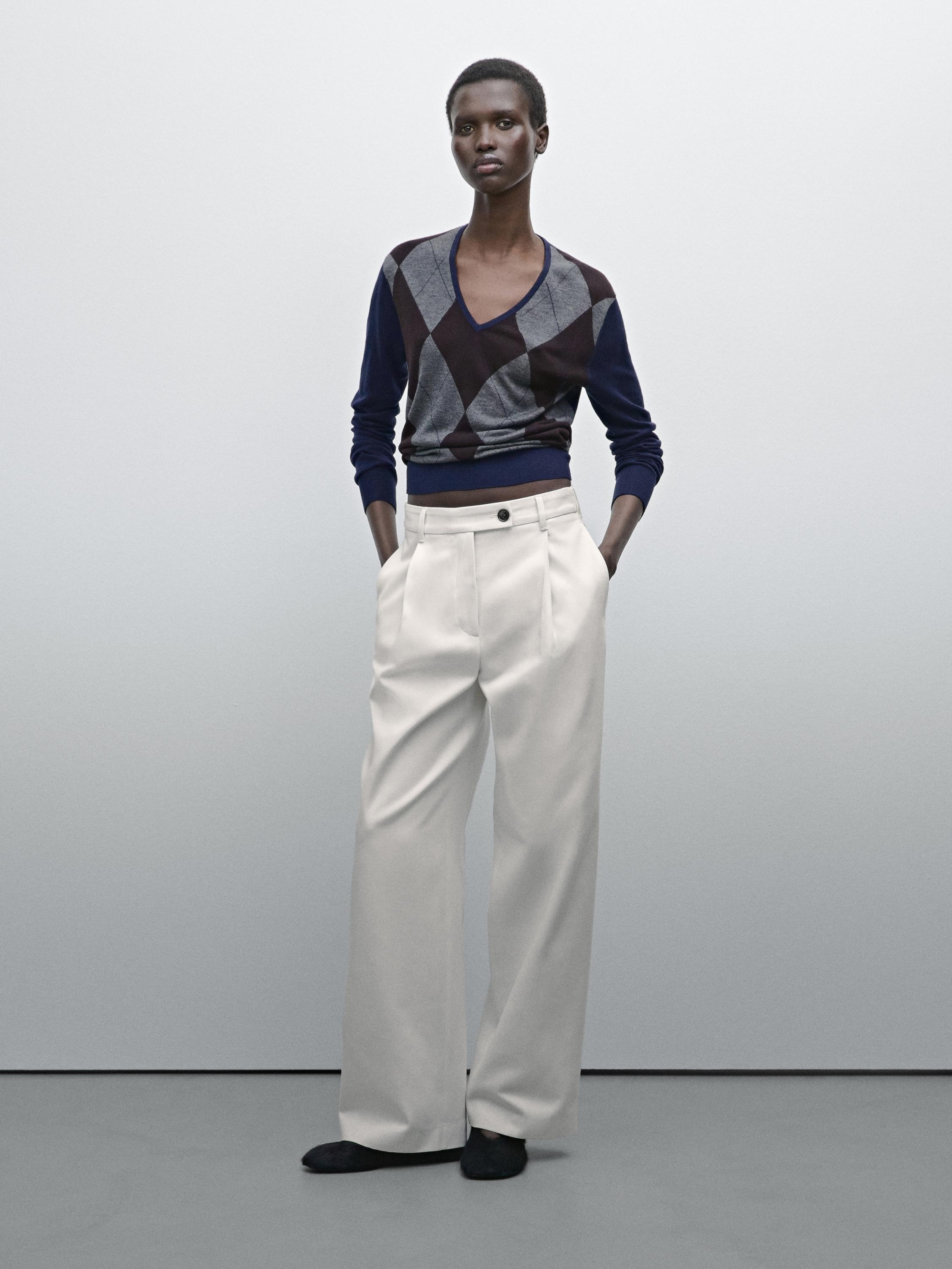 Wide-leg pleated cotton blend trousers - Oyster-white | ZARA