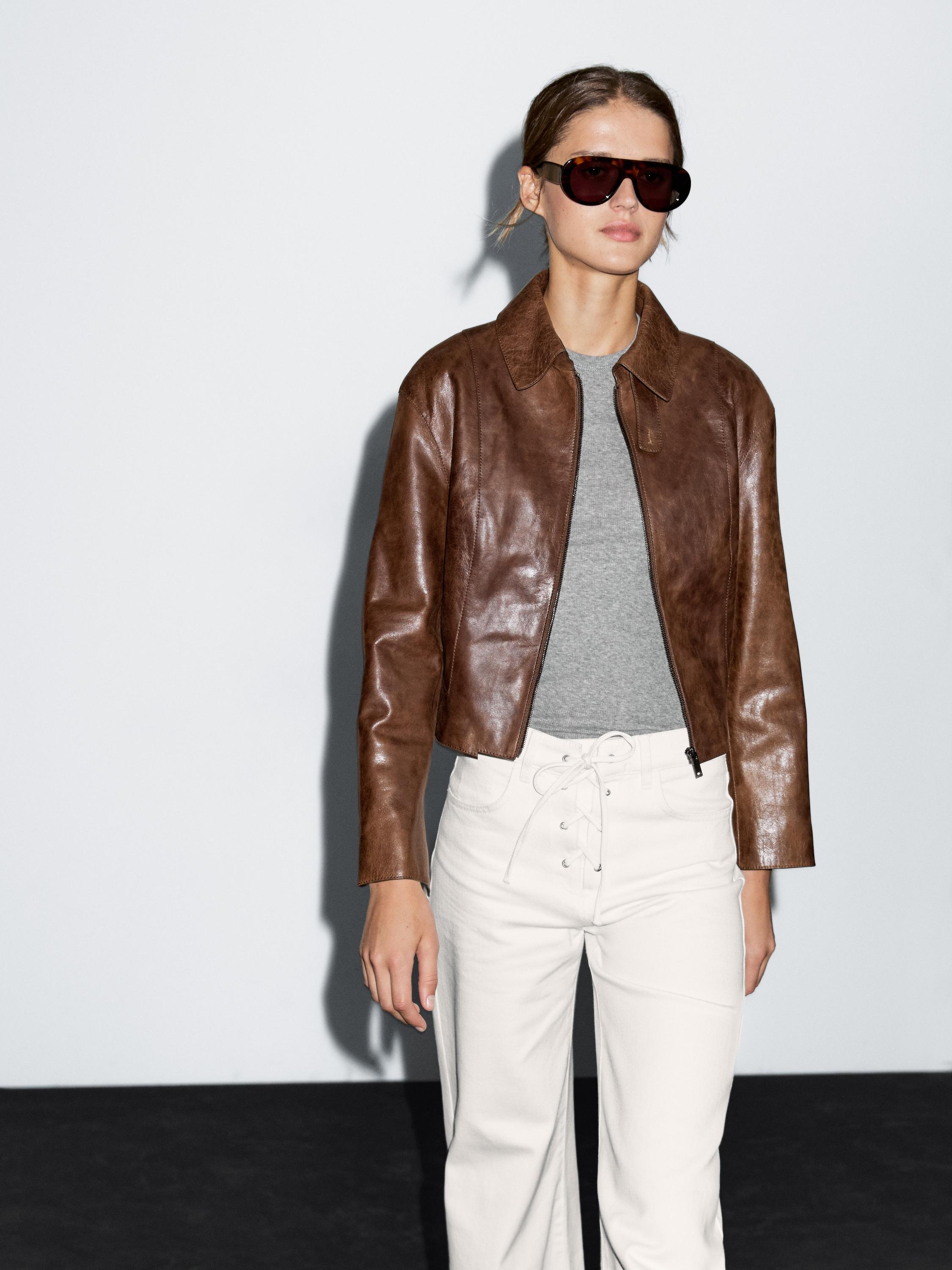 Blouson court en cuir nappa