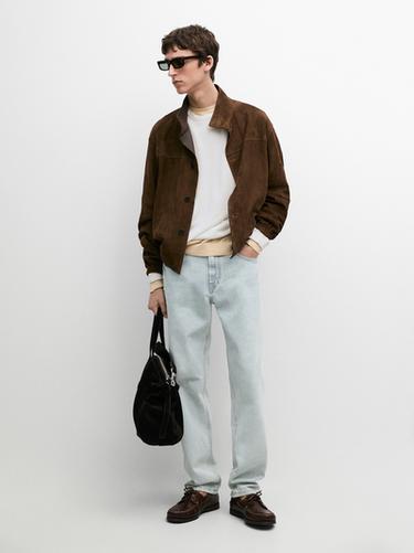 Zara Suede leather high neck jacket - Tobacco - Image 0