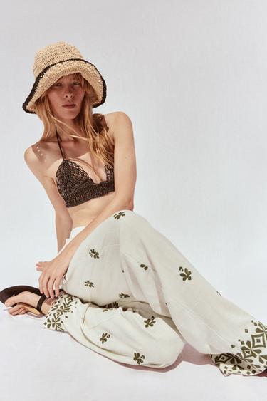Zara EMBROIDERED WIDE LEG PANTS - Ecru / Khaki