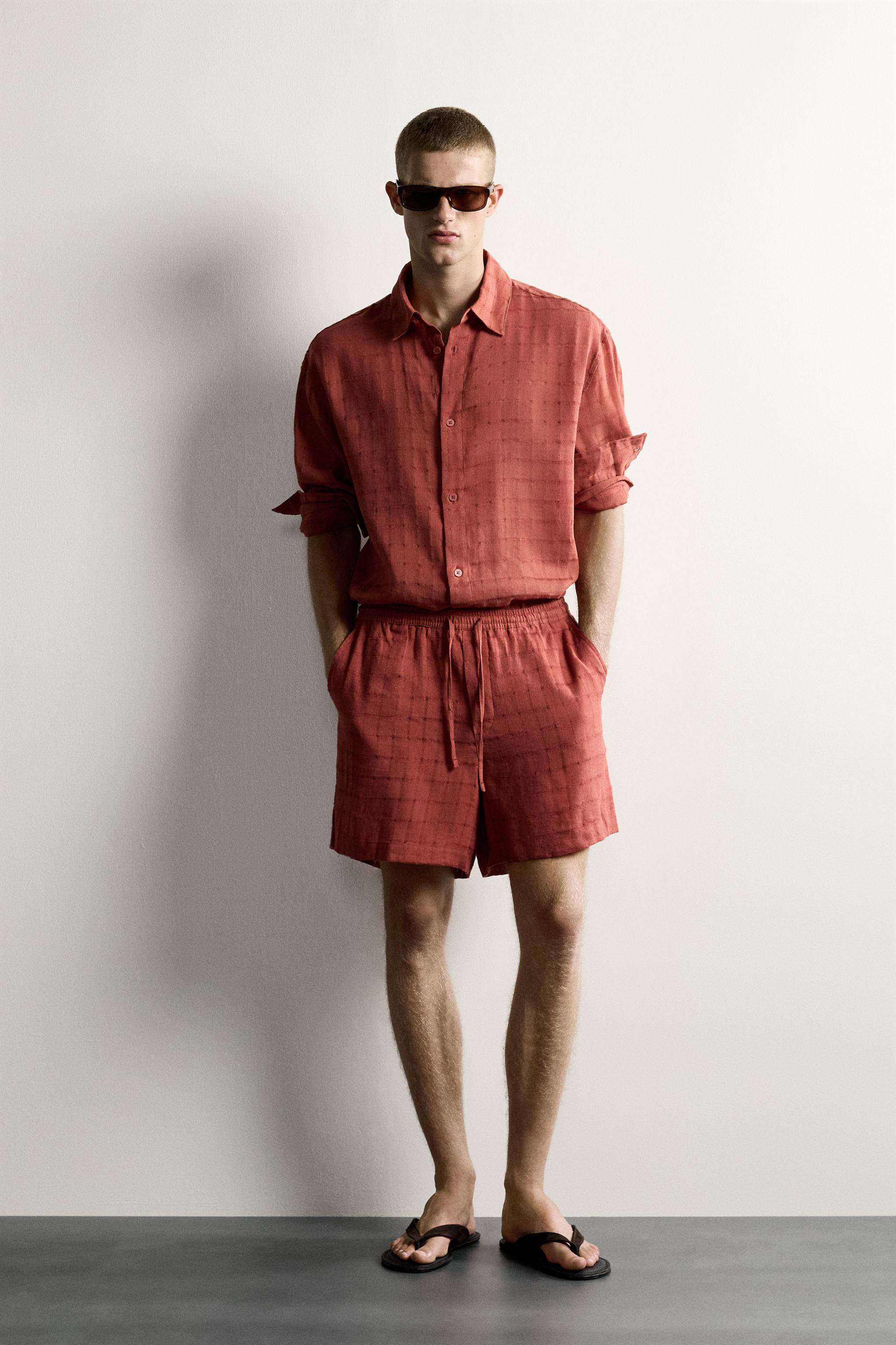 LINEN COTTON BLEND CHECKERED JACQUARD SHORTS