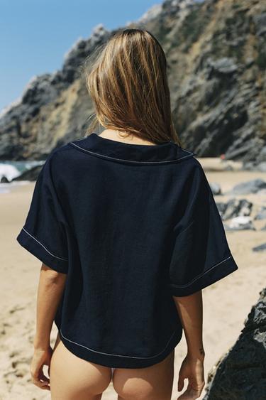 TOP LISERÉS CONTRASTÉS AVEC LIN - Bleu marine de Zara - Image 3