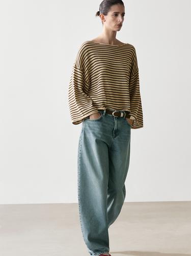 Zara 100% cotton striped knit sweater - taupe brown