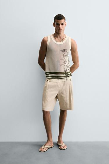 BERMUDA ALGODÃO - LINHO COM CINTO - Bege-claro da Zara - Imagem 0
