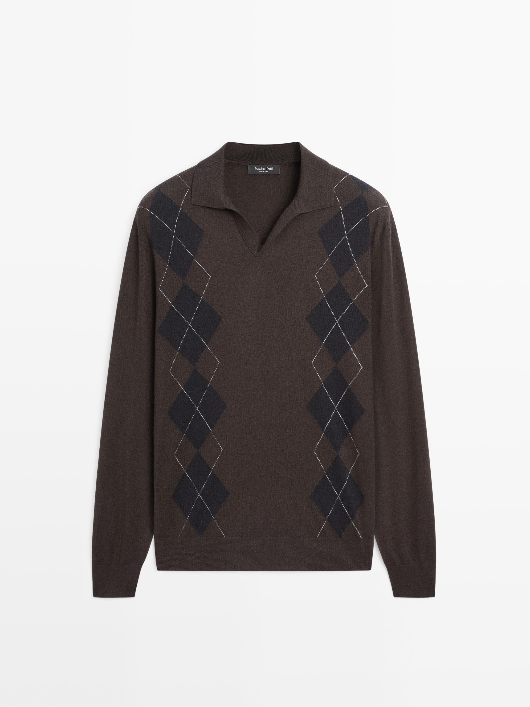 Wool blend argyle knit polo sweater