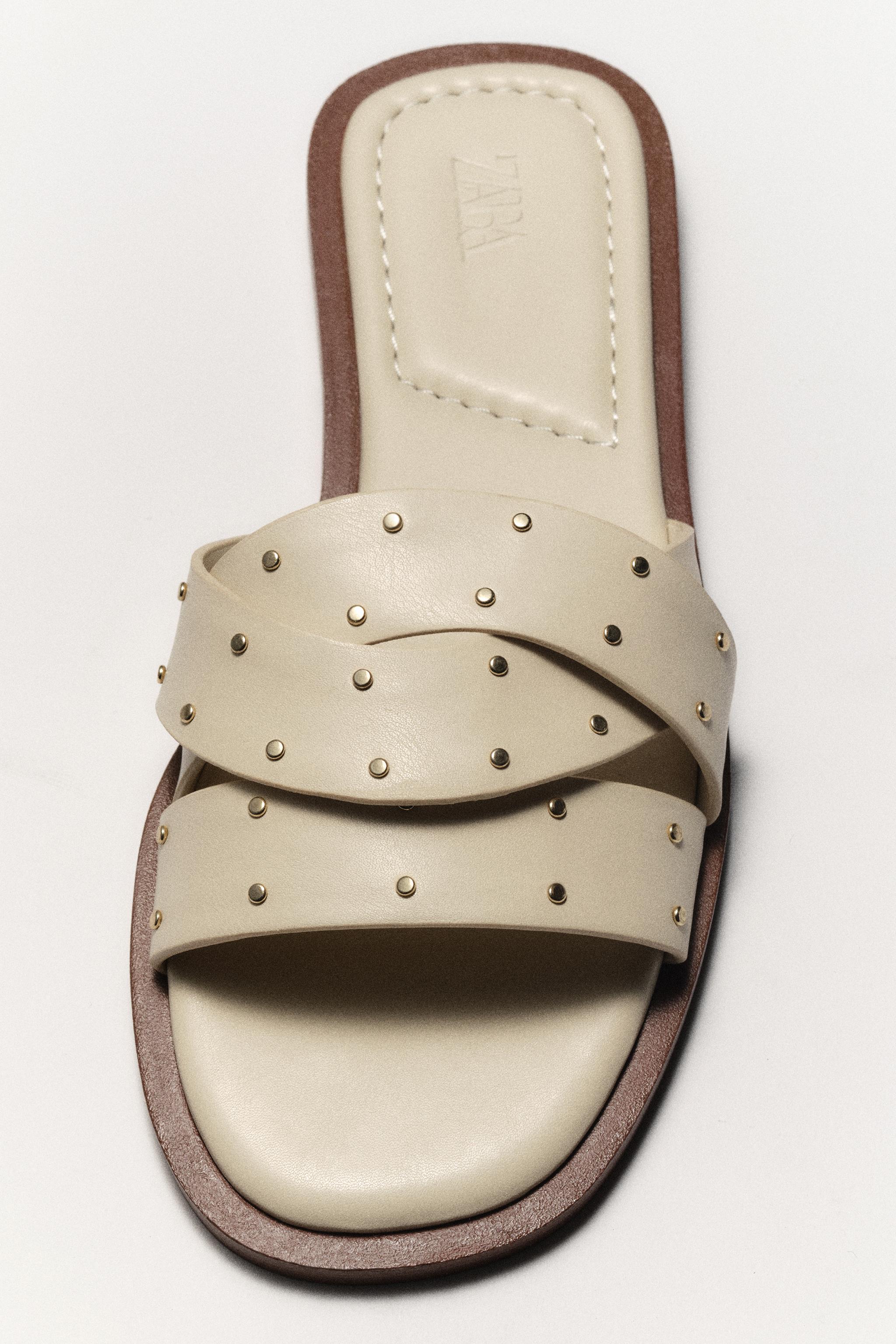STUDDED CROSSOVER FLAT SANDALS - Off White | ZARA United States