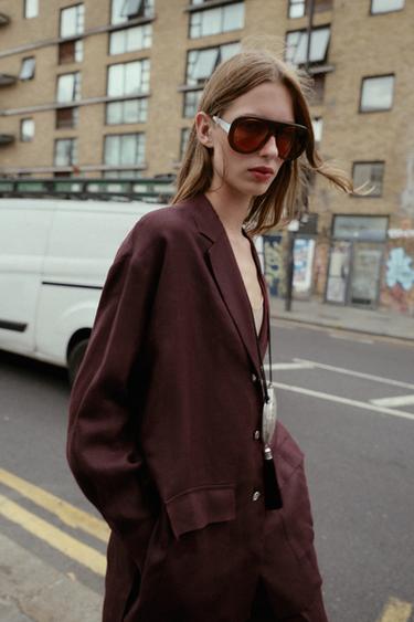 VESTE LONGUE EN LIN - Aubergine de Zara - Image 5