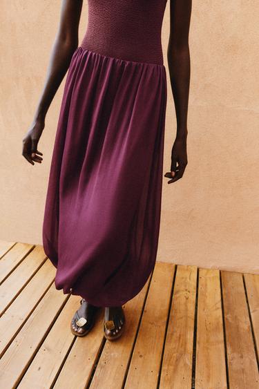 Zara PUFFED MIDI SKIRT - Burgundy