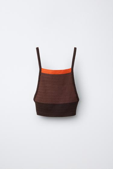 CONTRAST STRIPE CROCHET KNIT TOP - Brown by Zara