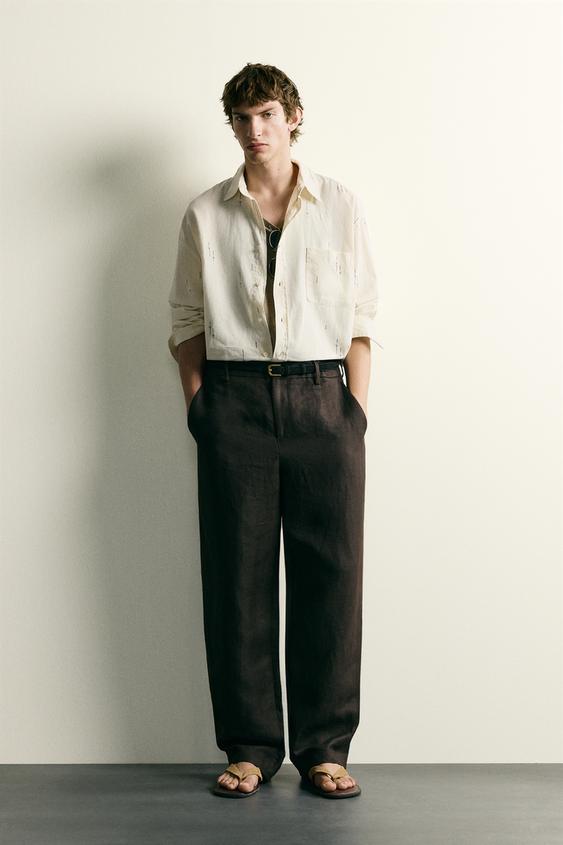 NAKIŞLI PAMUKLU KETEN RELAXED FIT GÖMLEK