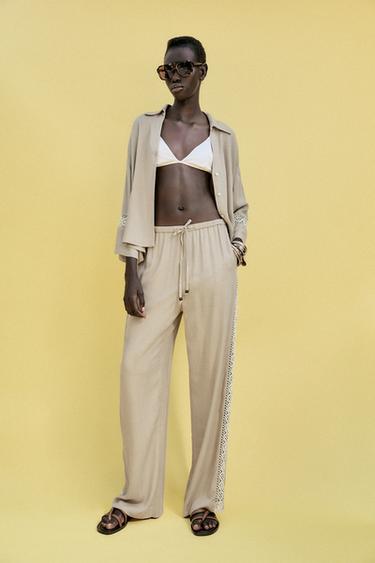 Zara WIDE LEG PANTS WITH EMBROIDERED SIDE STRIPES - Sand - Image 0