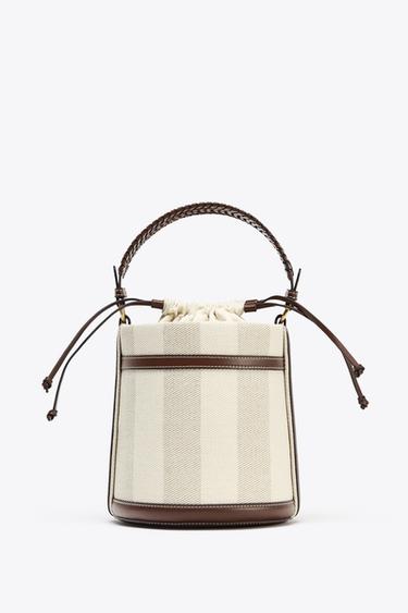 Zara STRIPED CANVAS BUCKET BAG - Light beige