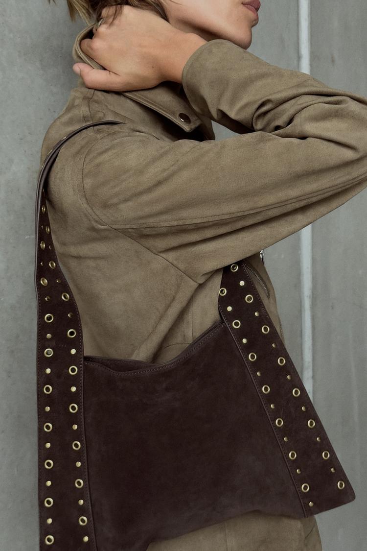 Moda Zara Bolso Serraje BOLSO DE HOMBRO TACHAS SERRAJE Marrón ZARA