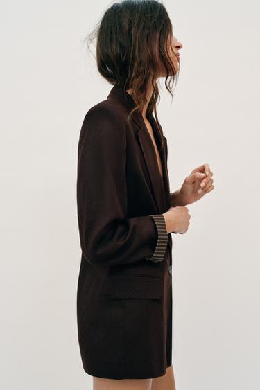 VESTE AVEC LIN À MANCHES RETROUSSÉES - Marron foncé de Zara - Image 2