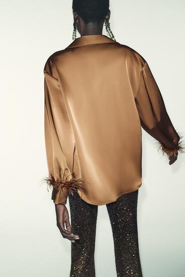 Zara SATIN EFFECT FEATHER BLOUSE - Caramel