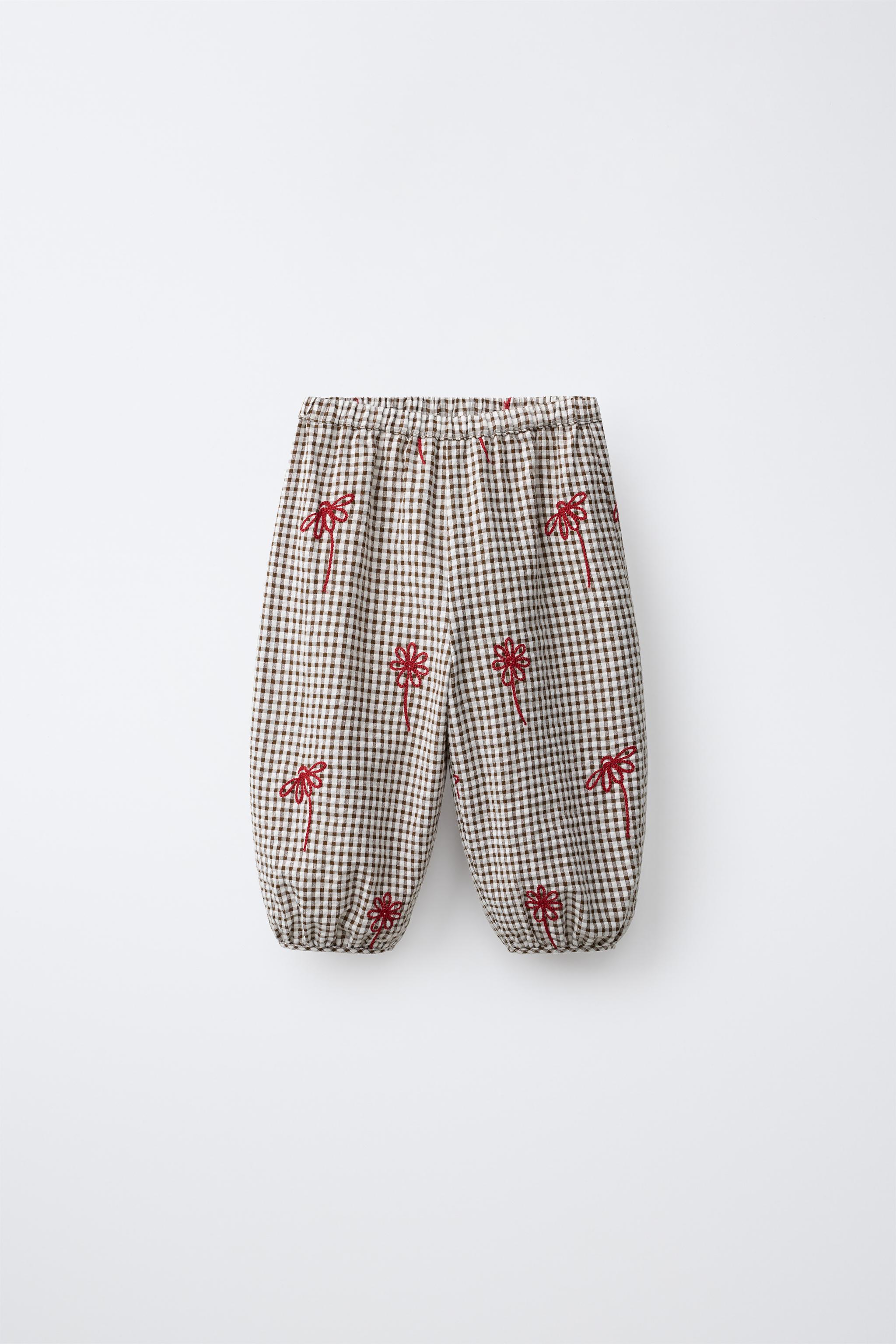PANTALON BOUFFANT À CARREAUX VICHY ET FLEURS BRODÉES