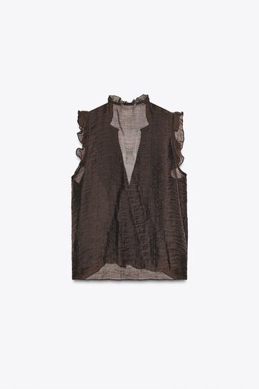 TOP SEMI-TRANSPARENT VOLANTS - Marron de Zara - Image 6